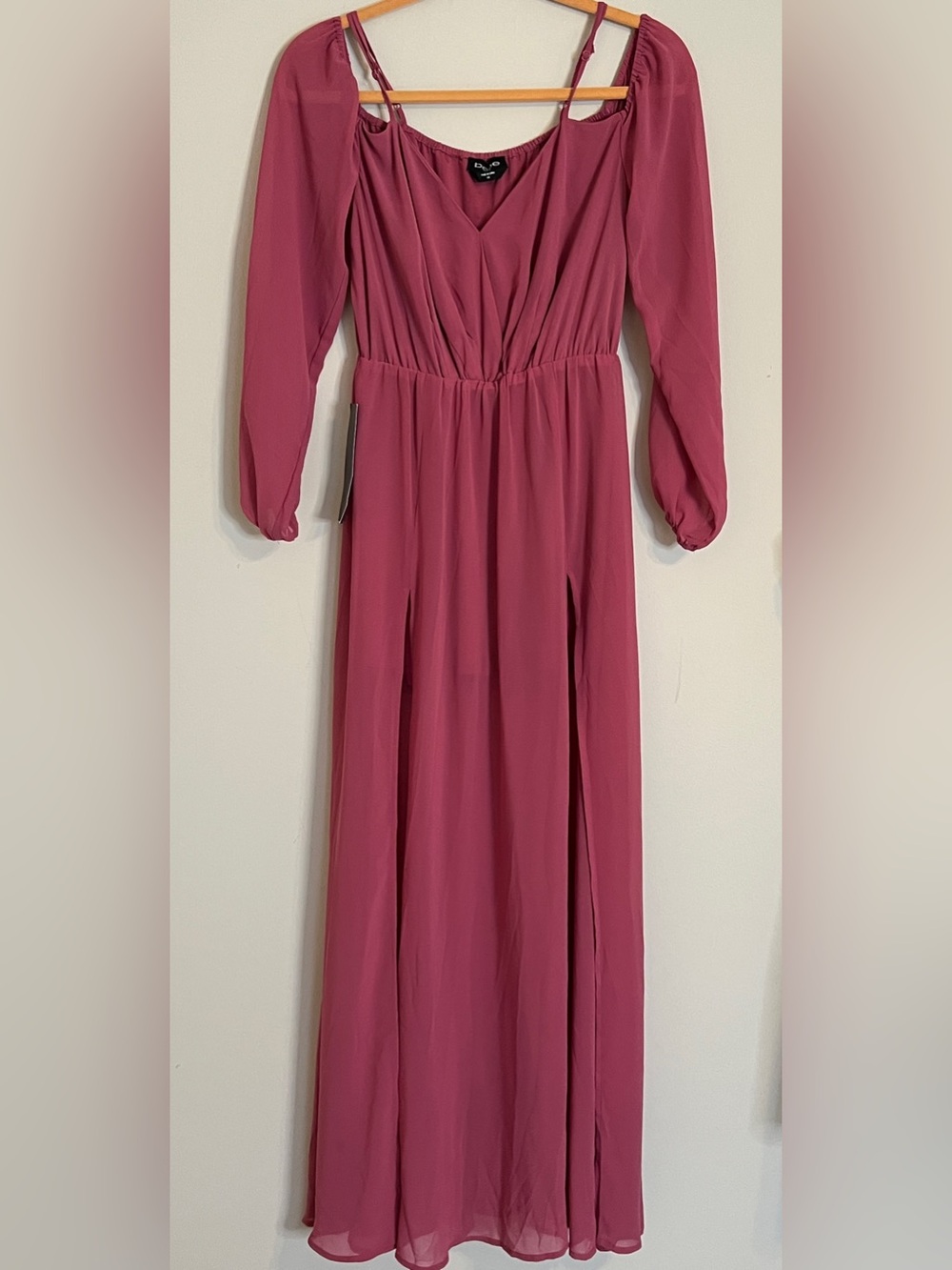 NWT bebe XS Dusty Rose Long Sleeve slitted Maxi Dress with shorts underneath